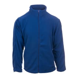 A blue full zip microfleece jacket with long sleeves and a high collar. It features a logo on the front.