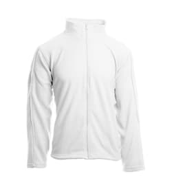A full zip microfleece jacket in white, featuring long sleeves and a collar. It has a logo on the front.