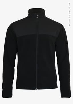 A black men’s jacket featuring a high collar and zip-up front, made from recycled polyester.