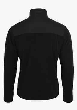 A black men's jacket featuring a high collar and a contrasting panel at the back. It has a logo on the design.