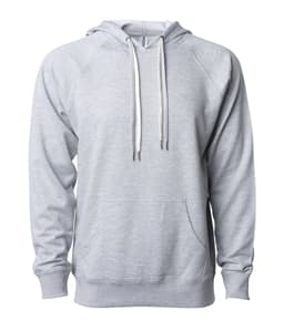 A unisex lightweight loopback terry hood in grey, featuring a front pocket and drawstring hood. Includes a branding logo.
