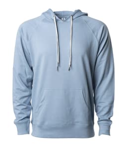 A light blue unisex lightweight loopback terry hood with a kangaroo pocket and drawstring hood. It features a logo.