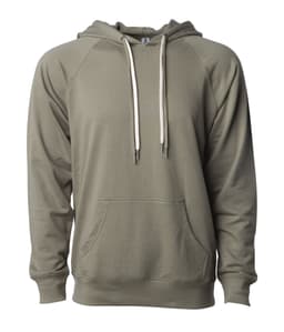 A unisex lightweight loopback terry hood in a muted olive green colour with a front pocket and drawstring.
