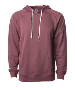 A unisex lightweight loopback terry hood in a burgundy colour with a kangaroo pocket and drawstrings.
