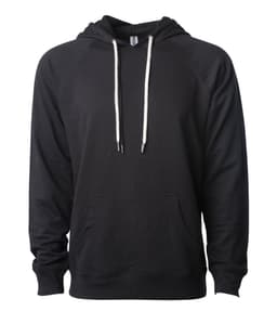 A black unisex lightweight loopback terry hooded sweatshirt with a front pocket and drawstring hood. It has branding.