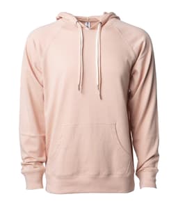 A unisex lightweight loopback terry hood in soft pink, featuring a front pocket and a drawstring hood.