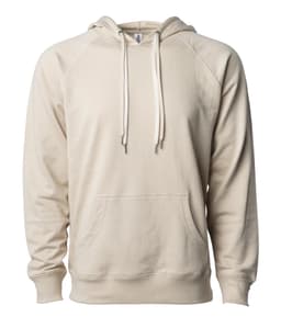 A beige unisex lightweight loopback terry hooded sweatshirt with a front pocket and an attached hood.
