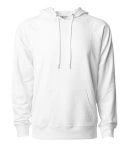 A white unisex lightweight loopback terry hood with a kangaroo pocket and drawstrings. It features a logo.