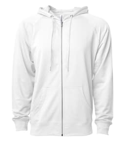 A white unisex lightweight loopback terry zip hoodie with a hood and front pockets. It features a logo.