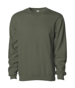 A green men's basic crew sweatshirt with long sleeves and a round neckline. It features a logo on the front.