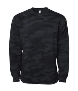 A black camouflage crew neck sweatshirt with long sleeves. Features a logo on the front.