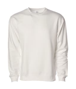 A plain white crew sweatshirt featuring long sleeves and a round neckline. It has a logo on the label.