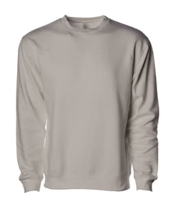A white basic crew sweatshirt with long sleeves and a round neck. It features a small logo on the collar.