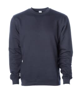 A navy blue crew sweatshirt featuring a round neckline and long sleeves, with a logo on the front.