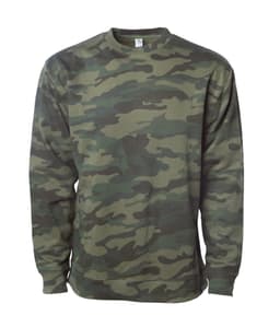 A men's basic crew sweatshirt in a camouflage pattern featuring various shades of green. It has a logo on the front.