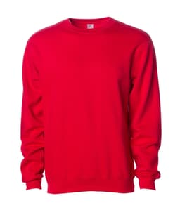 A red crewneck sweatshirt with long sleeves and a simple design. It has a small logo on the label.