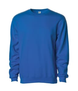A blue men's basic crew sweatshirt with long sleeves and a crew neckline. It features a logo on the label.