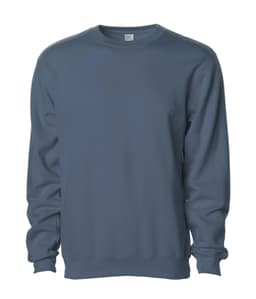 A men's basic crew sweatshirt in a muted blue colour, featuring a crew neck and long sleeves. It has a logo on the label.