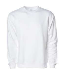 A plain white crew sweatshirt with long sleeves and a crew neckline. It features a logo on the label.