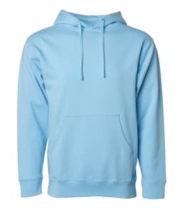 A light blue midweight pullover hood with a front pocket and a hood. It features a logo.