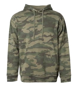 A midweight pullover hood in a camouflage pattern featuring shades of green and brown. It has a front pocket and a logo.