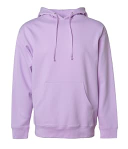 A midweight pullover hood in light purple with a front pocket and a hood, featuring a logo.
