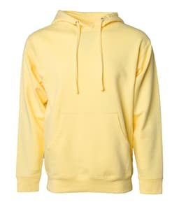A midweight pullover hood in a soft yellow colour with a front pocket and drawstring hood. It has a logo.