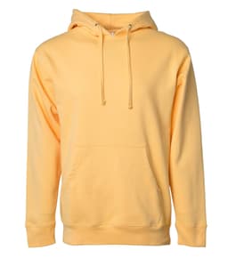 A yellow midweight pullover hooded sweatshirt with a front pocket and drawstring hood, featuring a logo.