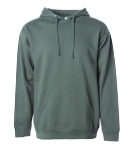 A midweight pullover hood in a muted green colour, featuring a front pocket and a drawstring hood.