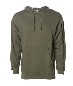 A men's midweight pullover hood in olive green with a front pocket and a hood, featuring a logo.