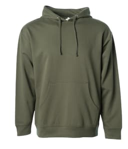 A men's midweight pullover hood in olive green, featuring a front pocket and a hood with drawstrings. It has a logo.