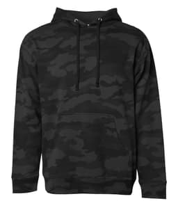 A midweight pullover hood in a black camouflage pattern, featuring a front pocket and drawstring hood.