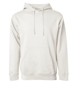 A men's midweight pullover hood in a light cream colour, featuring a front pocket and a drawstring hood.
