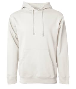 A men's midweight pullover hood in light grey, featuring a front pocket and a hood. Includes a logo.