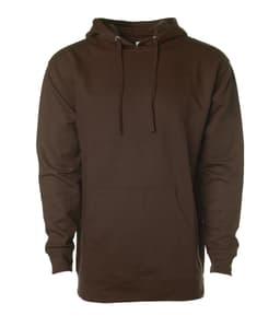 A brown midweight pullover hood with a front pocket and drawstrings, featuring a branding logo.