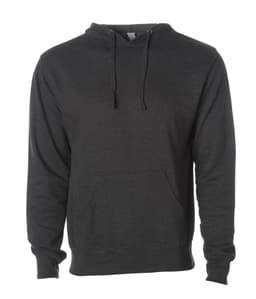A men's midweight pullover hood in dark grey, featuring a front pocket and a logo.