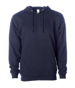 A navy blue midweight pullover hood with a front pocket and a drawstring hood. The product features a logo.