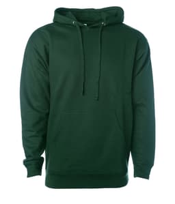 A green midweight pullover hood with a front pocket and hood, featuring a logo.