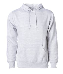 A grey midweight pullover hood with a front pocket and drawstring hood. It includes a logo.