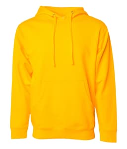 A bright yellow midweight pullover hood with a front pocket and drawstring hood. It features a logo.
