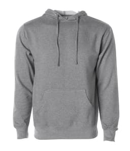 A grey midweight pullover hoodie featuring a front pocket and a hood. Includes a logo.