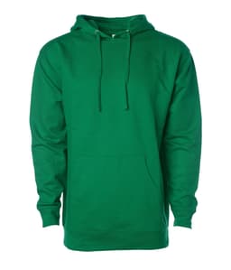 A green midweight pullover hood with a front pocket and drawstring hood. It features a logo on the front.