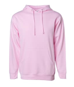 A pink midweight pullover hood with a front pocket and a hood. It features a logo.