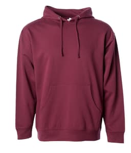 A maroon midweight pullover hoodie with a front pocket and adjustable drawstring hood. It features a logo.