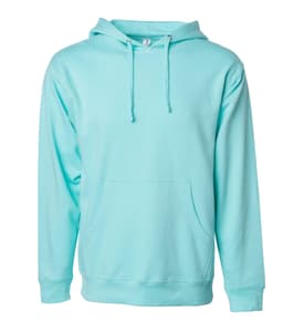 A mint green midweight pullover hood with a front pocket and a hood, featuring a logo.
