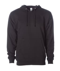 A black midweight pullover hood with a front pocket and drawstring hood, featuring a logo.