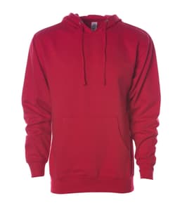 A red midweight pullover hood with a front pocket and a logo on the chest.