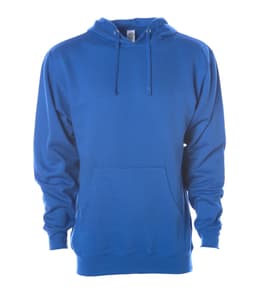 A blue midweight pullover hood with a front pocket and hood, featuring a logo.