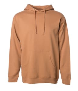 A midweight pullover hoodie in a warm brown colour with a front pocket and drawstring hood. It features a logo.