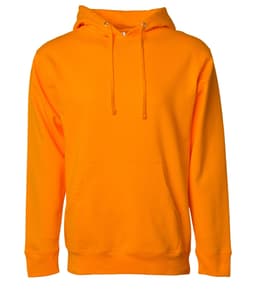 A midweight pullover hood in bright orange, featuring a front pocket and a hood with drawstrings. It has a logo.